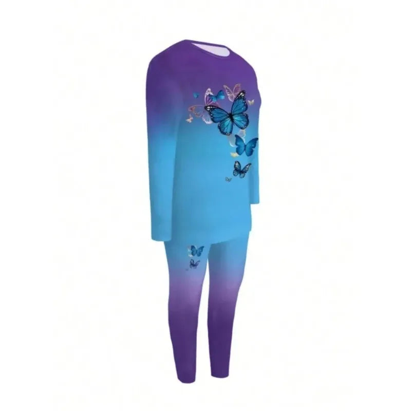 Plus Size 1XL-5XL Women's Fashion Round Neck Printed Long Sleeve T-shirt Top & Printed Pants Two Piece Set