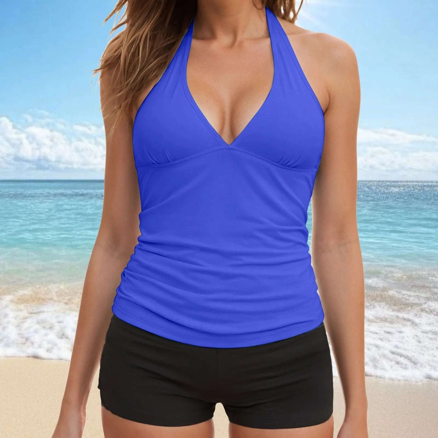 Women Fashion Two Piece Tankini Swimsuit Halter V Neck Backless Tops Tight Shorts Beachwear Ladies Swimsuit Trajes De BañO Mujer