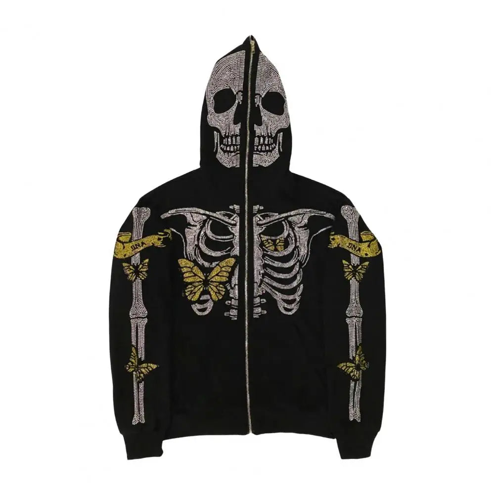Unisex Hoodie Rhinestone Ghost Skeleton Halloween Hoodie with Zipper Closure Pockets for Unisex Party Cosplay Costume Fall