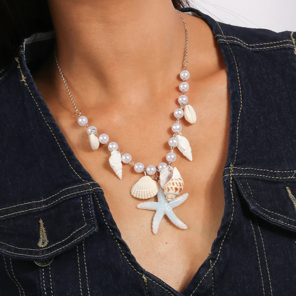 New Fashion Shell Starfish Choker Necklaces Multilayer Pearl Statement Necklaces For Women Beach