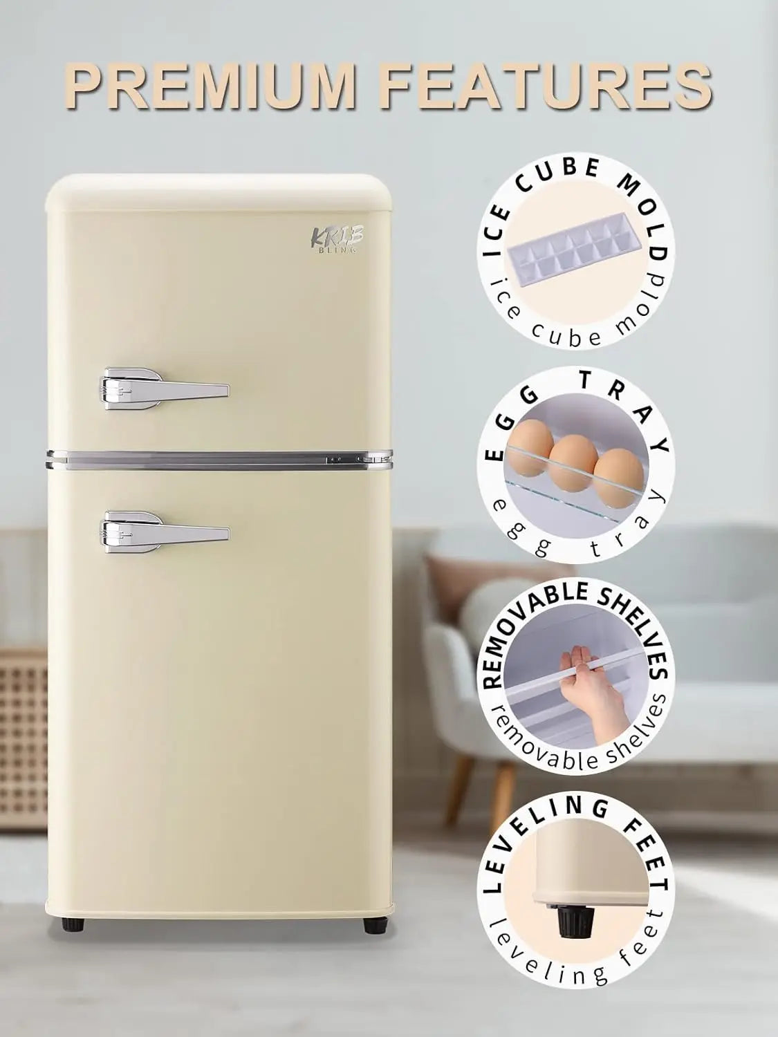 KRIB BLING 3.2 Cu.ft Compact Refrigerator, Mini Fridge with Freezer, Retro Design Small Drink Chiller for Home, Office.