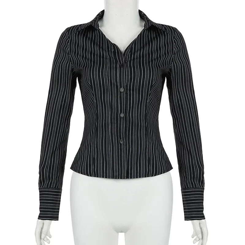 Y2K Black Striped Long Sleeve Button Up Shirt Autumn Elegant Casual Turn-down Collar Blouse Office Lady Women T-shirt