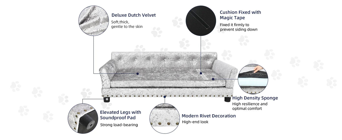 Luxury Velvet Tufted Dog Sofa Bed Large Elevated Pet Bed Upholstered Cushion Wooden Frame Raised Puppy Sofa Couch