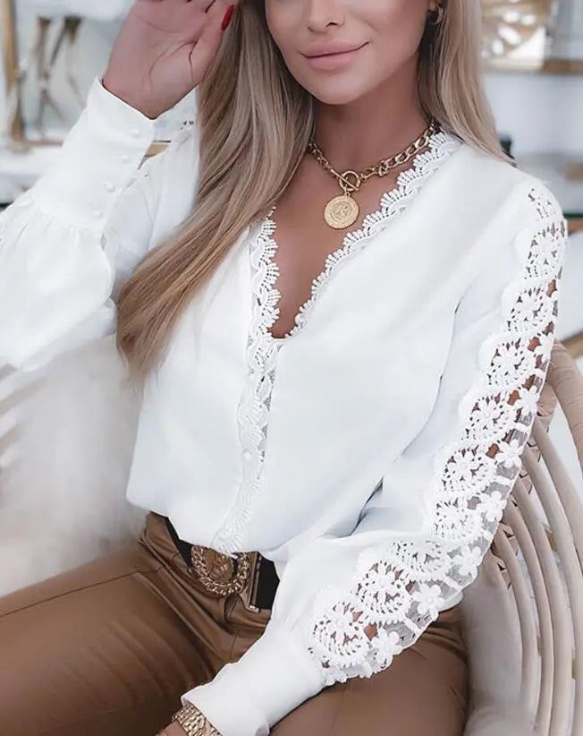 New White Sweater Women V Neck Lace Stitching Hollow Out Long Sleeves Fashion Loose Sweaters Elegant High Quality Tops