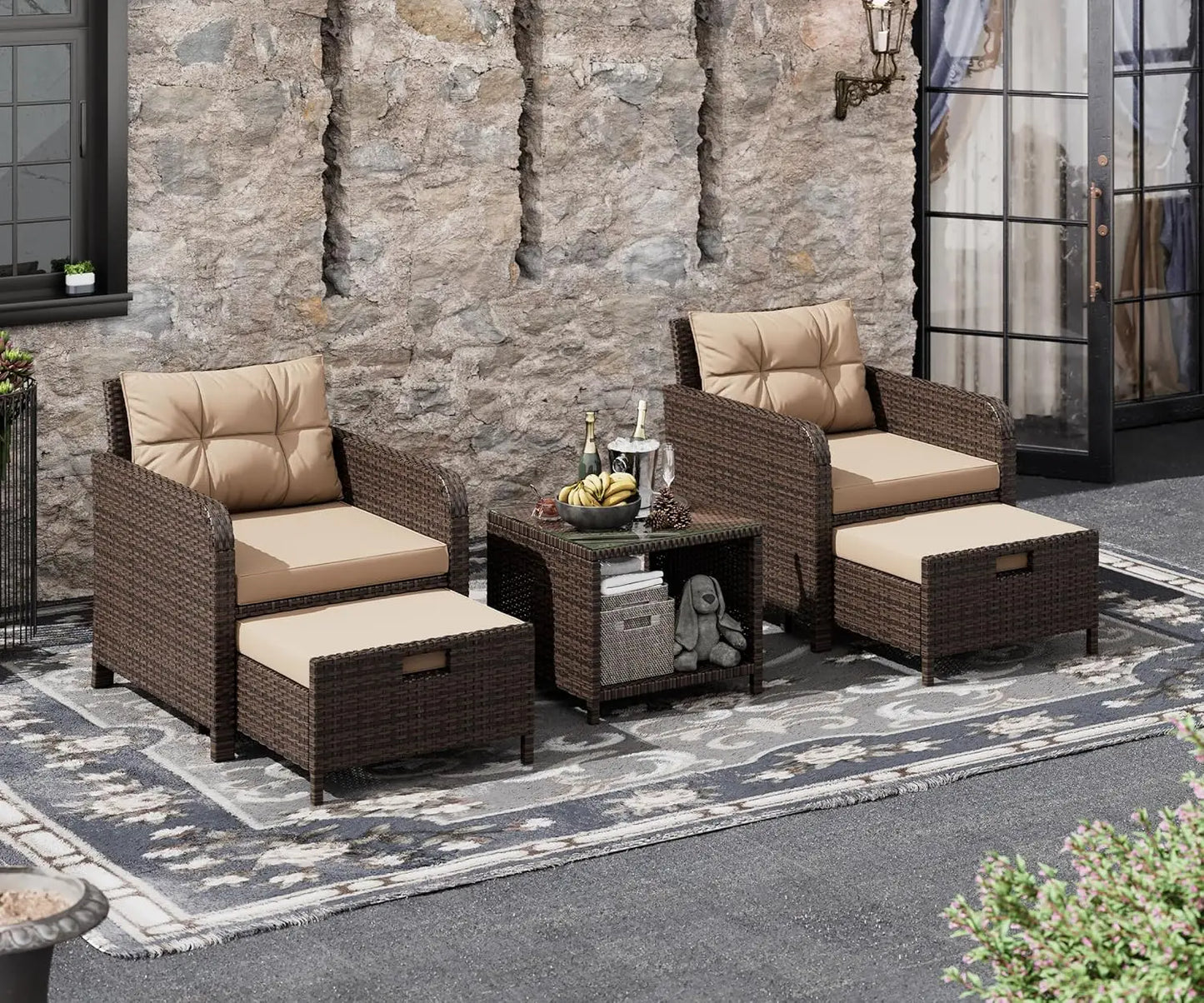 5 Piece Patio Conversation Set, PE Wicker Rattan Outdoor Lounge Chairs with Soft Cushions 2 Ottoman&Glass Table for Porch, Lawn