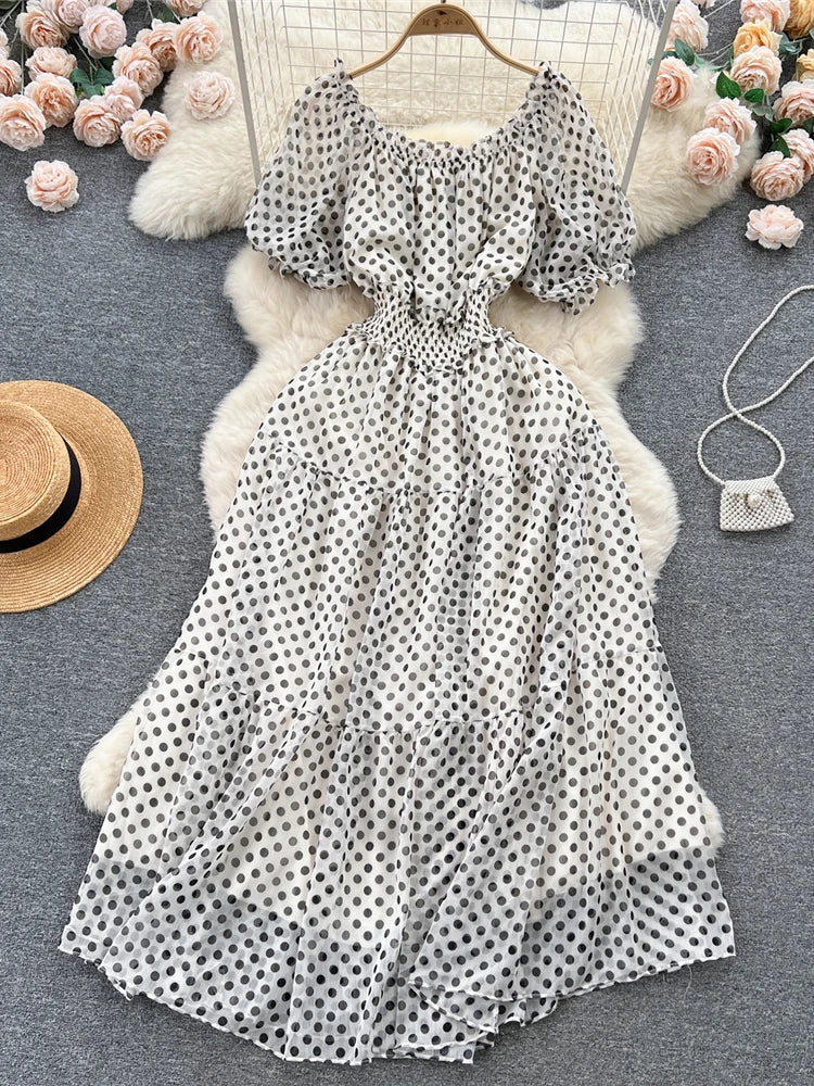 Summer Women Red/Green/White Polka Dot Chiffon Long Dress Beach Vacation Sexy Short Puff Sleeve High Waist A-Line Party Robe New