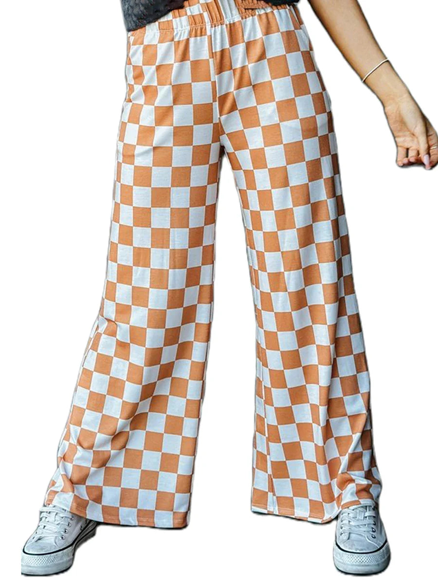 Womens Checkered Wide Leg Pants High Elastic Waisted Straight Loose Fitted LoungeTrouser Y2k Korean Streetwear