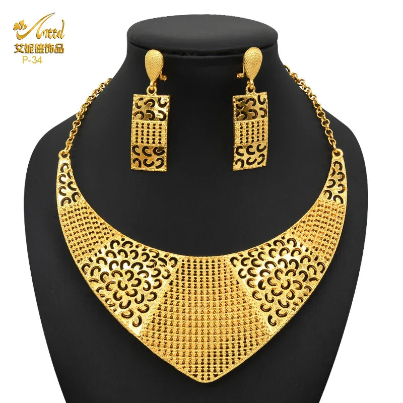 ANIID African 24K Gold Plated Jewelry Sets For Women 2PCS Set