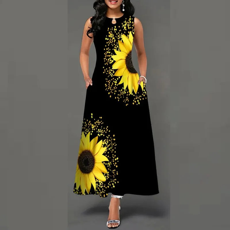Chic Sunflower Sleeveless Maxi Dress - Vintage Floral, Teens' Casual All-Season Wear with Pocket