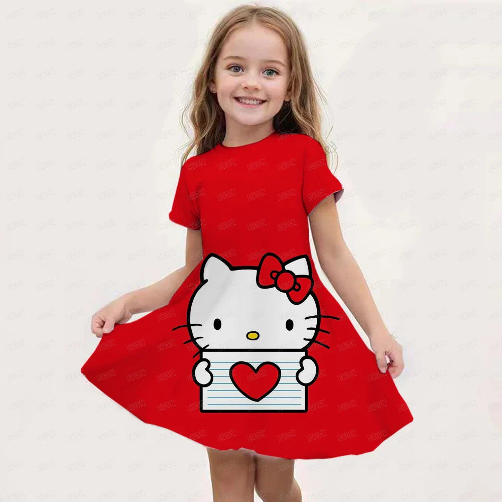 Kids Girls Clothes Kawaii Cartoon 3D Kuromi Printed Adults Party Popular Dresses Summer Short Sleeve Parent-child Clothing Dress
