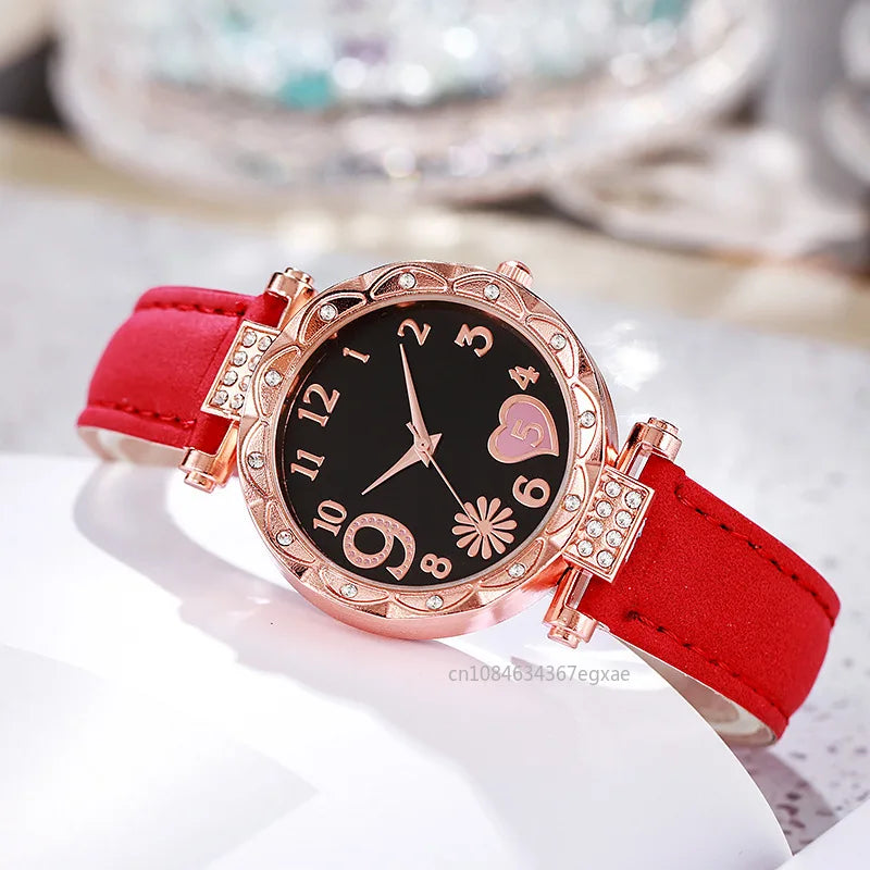 2/1PCS Fashion Heart Dial Women's Watches Luxury Leather Band Quartz Watch Rhinestone Bracelet Set Female Relogio Feminino