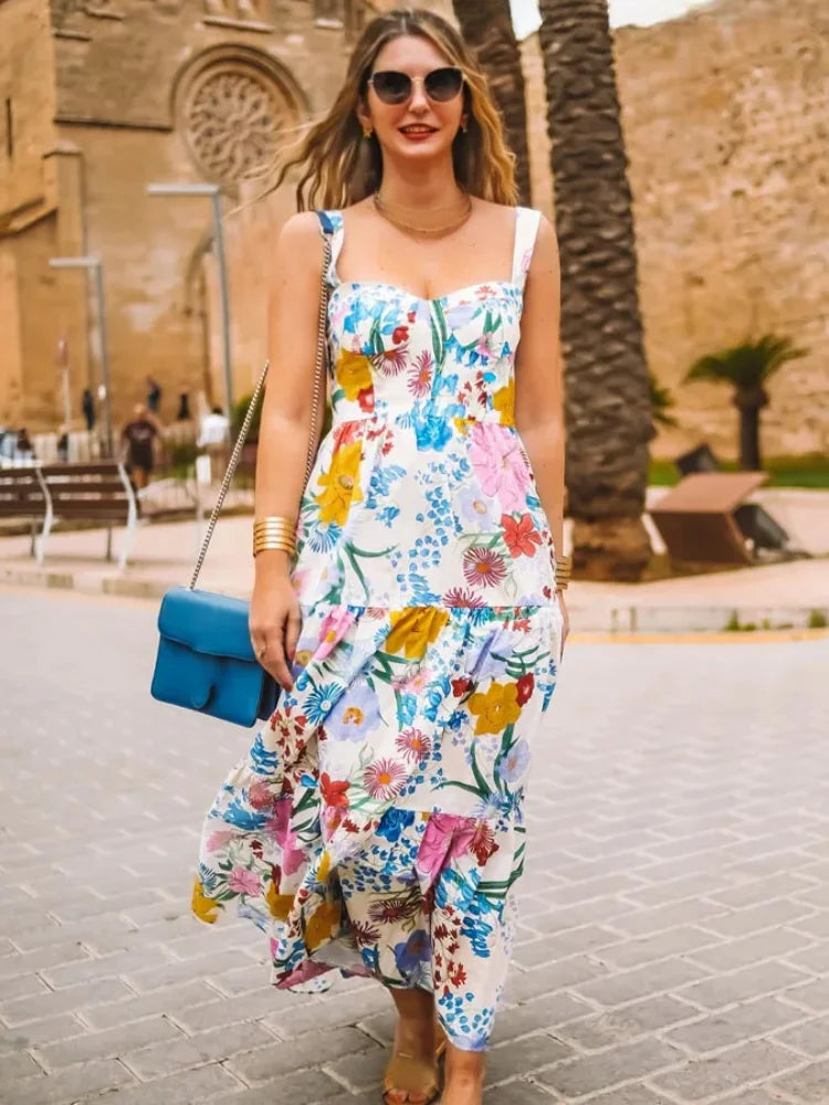 ZBZA Women's Colorful Printed Dress Square Neck Mid Rise Sleeveless Hidden Zip Camisole A-line Long Skirt New Female Chic Dress