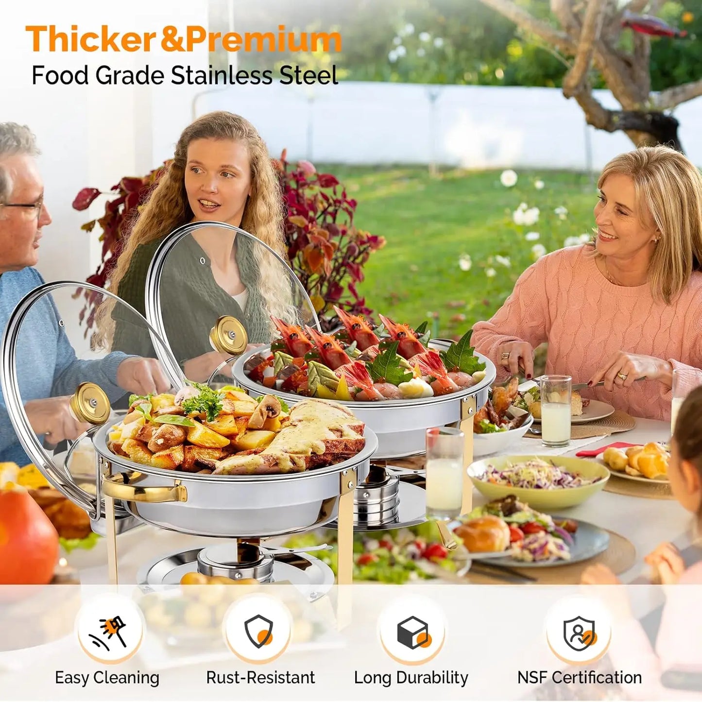 5QT 4 Packs Chafing Dish Buffet Set Gold Accent, NSF Round Stainless Steel Buffet Warmer.