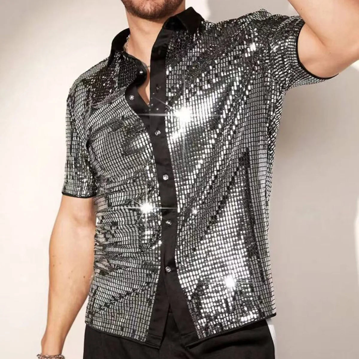 New Arrival Stylish Breathable Sequin Short Sleeve Shirt, Men's Stage Performance Top