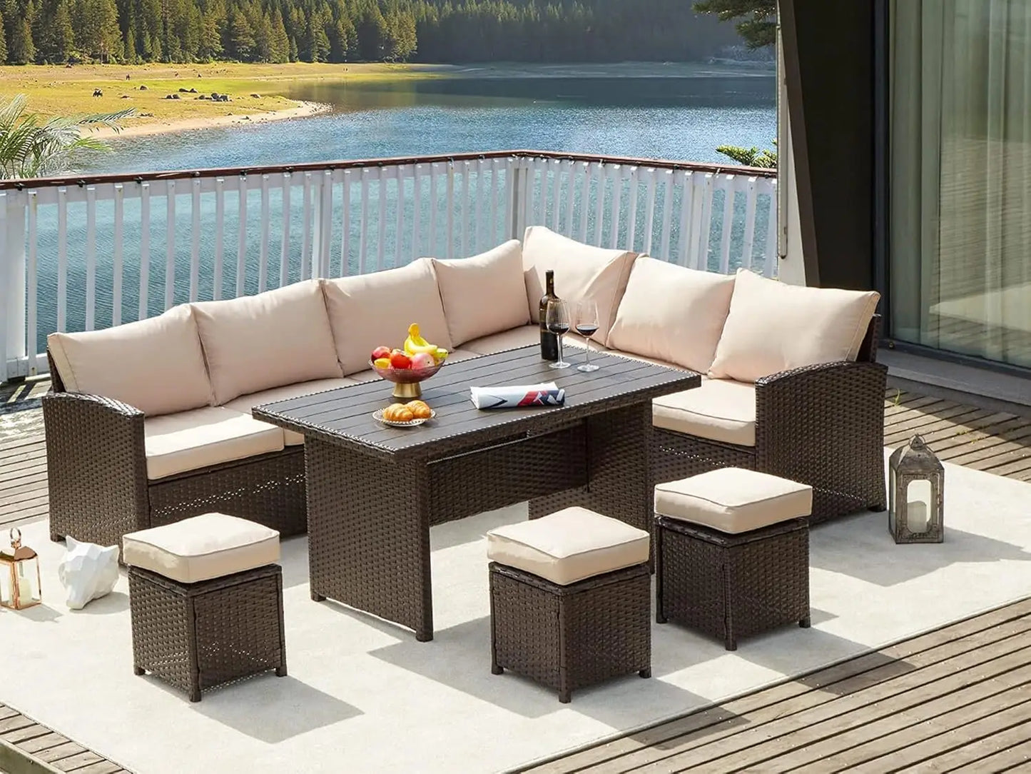 Patio Furniture Set, 7 Pieces Outdoor Patio Furniture with Dining Table&Chair, All Weather Wicker Conversation Set with Ottoman