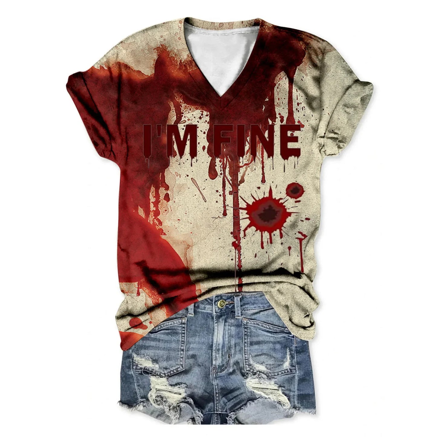 Women'S Casual V Neck Short Sleeved Halloween Bloody Letter Printed T Shirt European And American Women'S Fashionable T Shirts