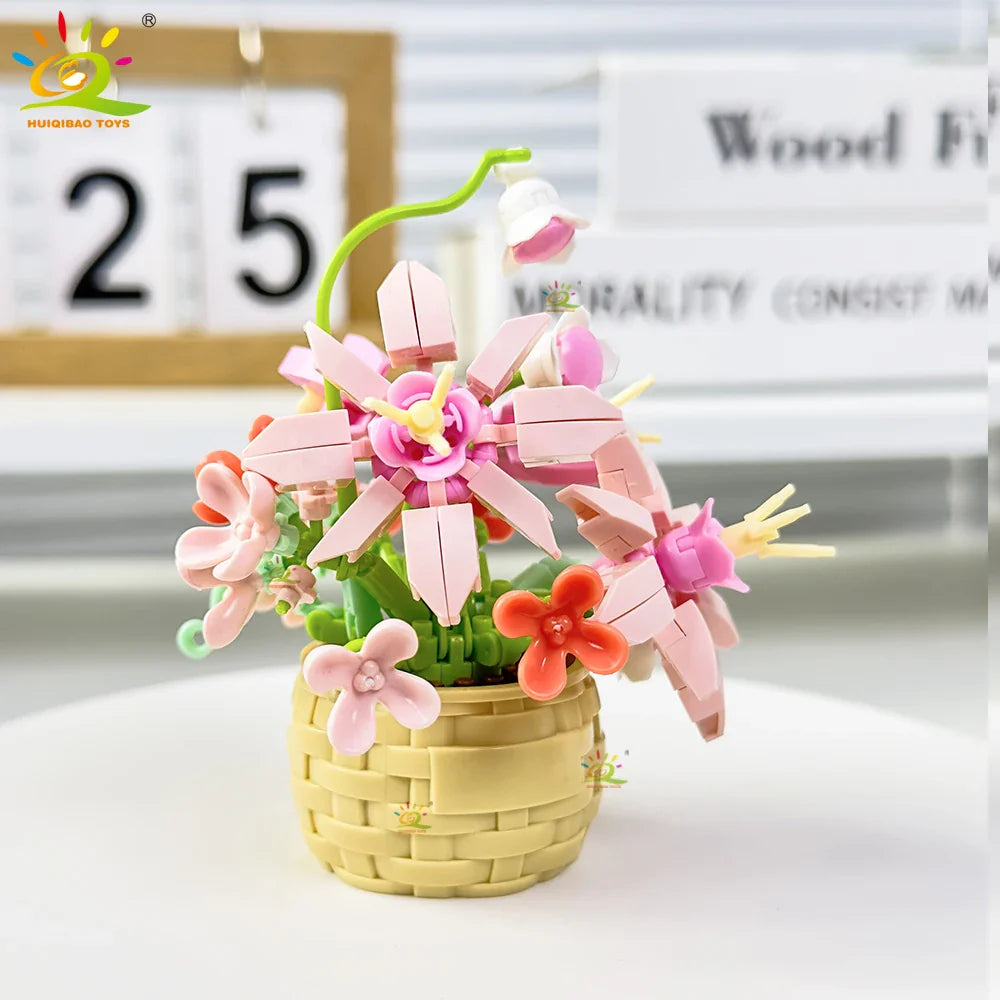 HUIQIBAO Eternal Flower Model Bouquet Potted Plant Micro Building Blocks MOC DIY Home Desk Decoration Brick Toy For Children