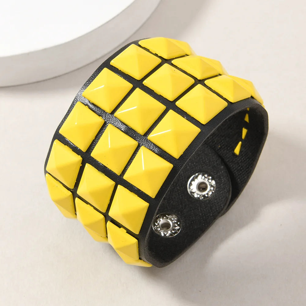 18 Color Punk Hip-Hop Three Rows of Square Rivets PU Leather Big Wide