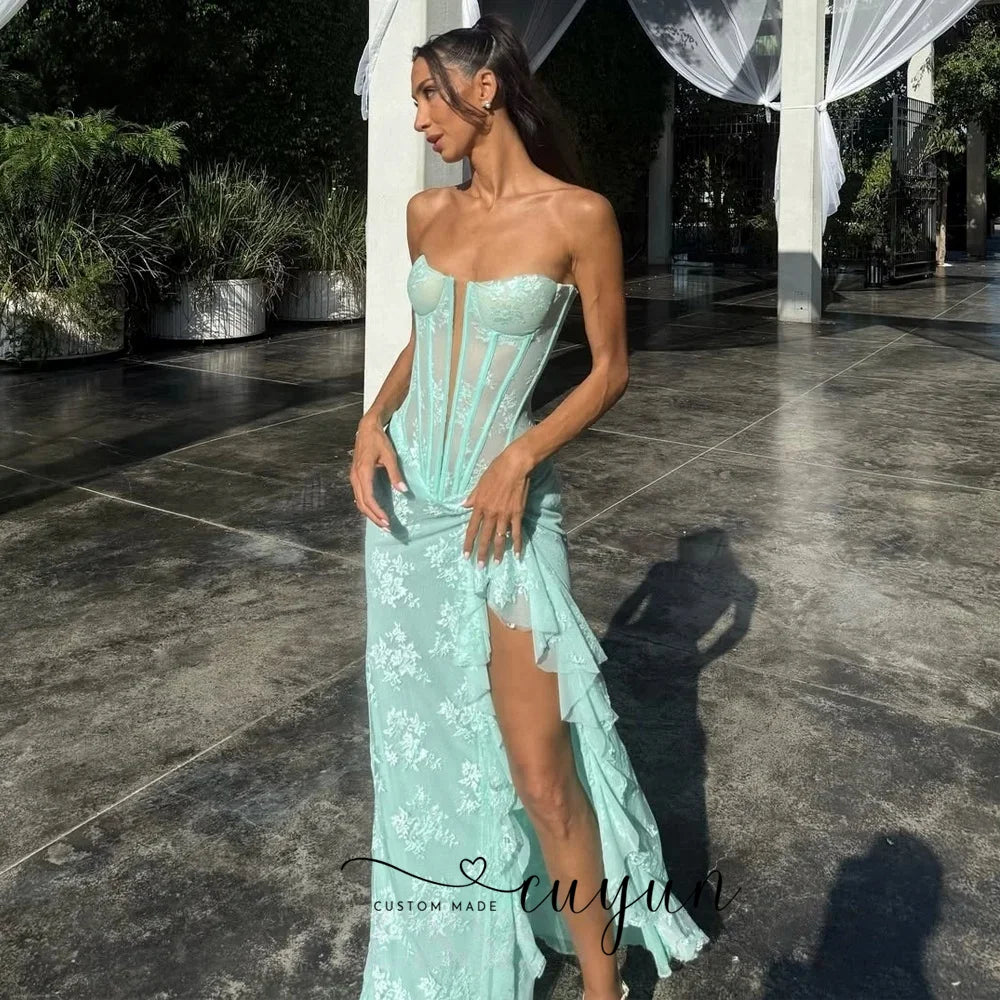 CUYUN Customized Luxury Lace Prom Dresses Women High Slit Sexy Corset Back Long Party Gown Floor-Length Evening Dress Summer