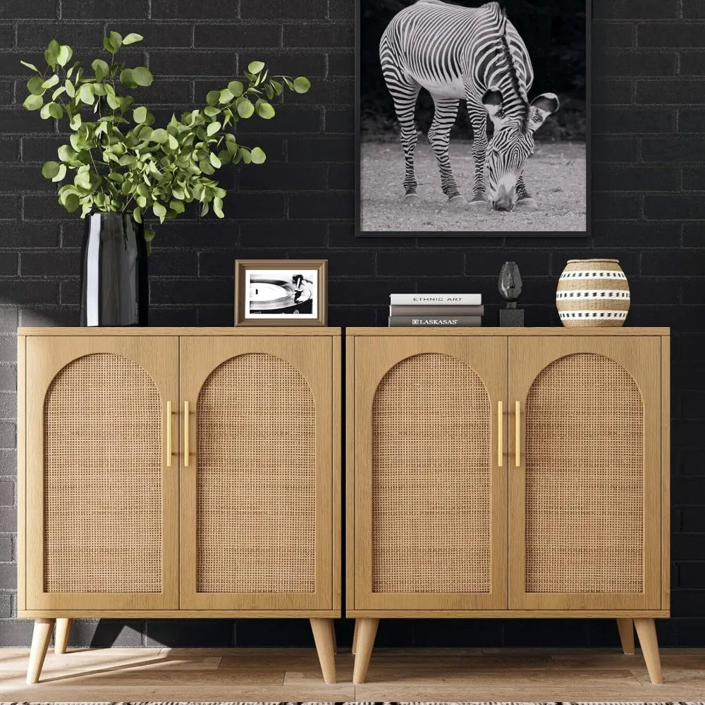 Set of 2 Rattan Storage Cabinet with Doors, Accent Bathroom Floor Cabinet, Modern Sideboard Buffet Cabinet for Living