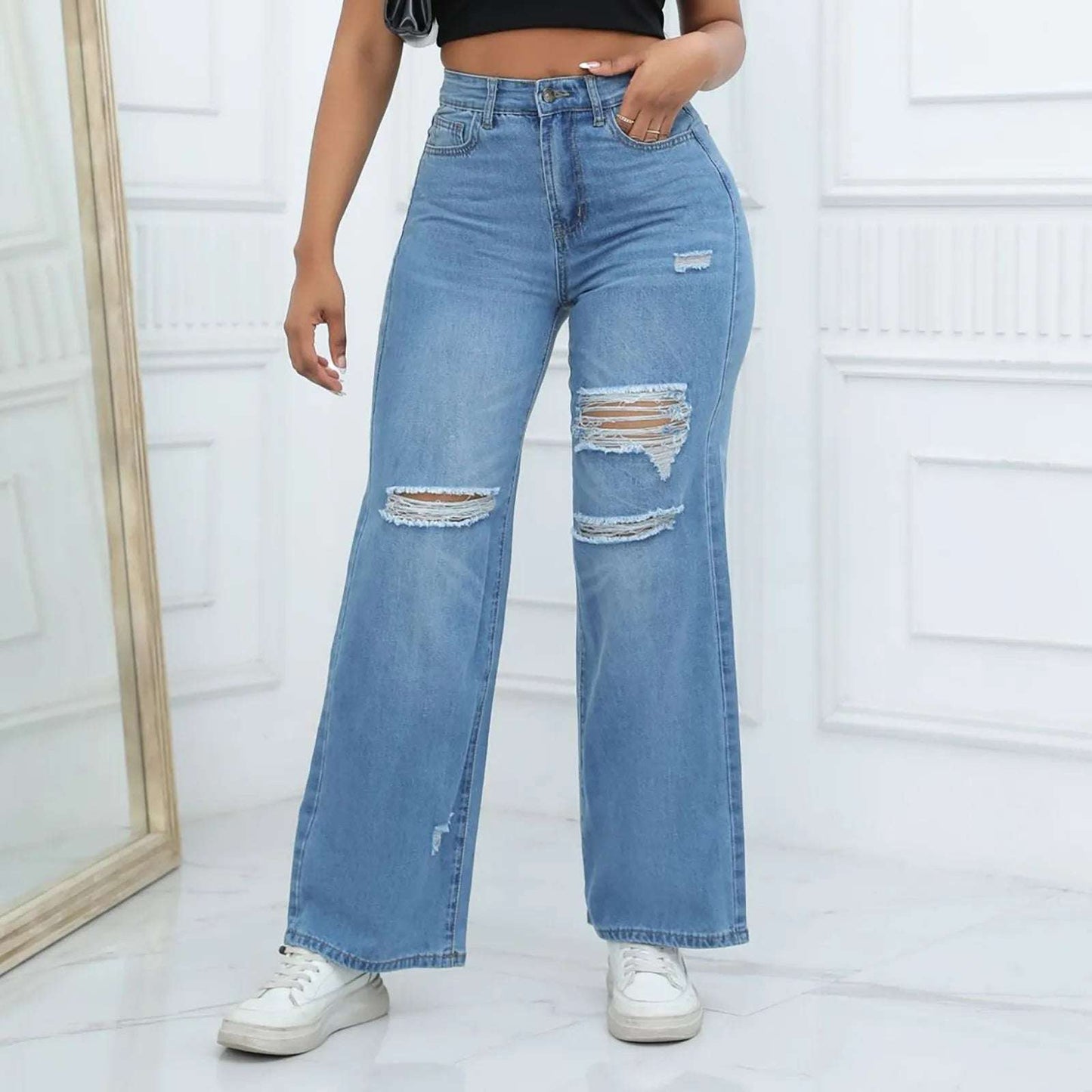 Women'S Ripped Boyfriend Jeans Draping Straight Leg Jeans Ladies Stretch Hole Denim Trousers Button Pocket High Rise Pant