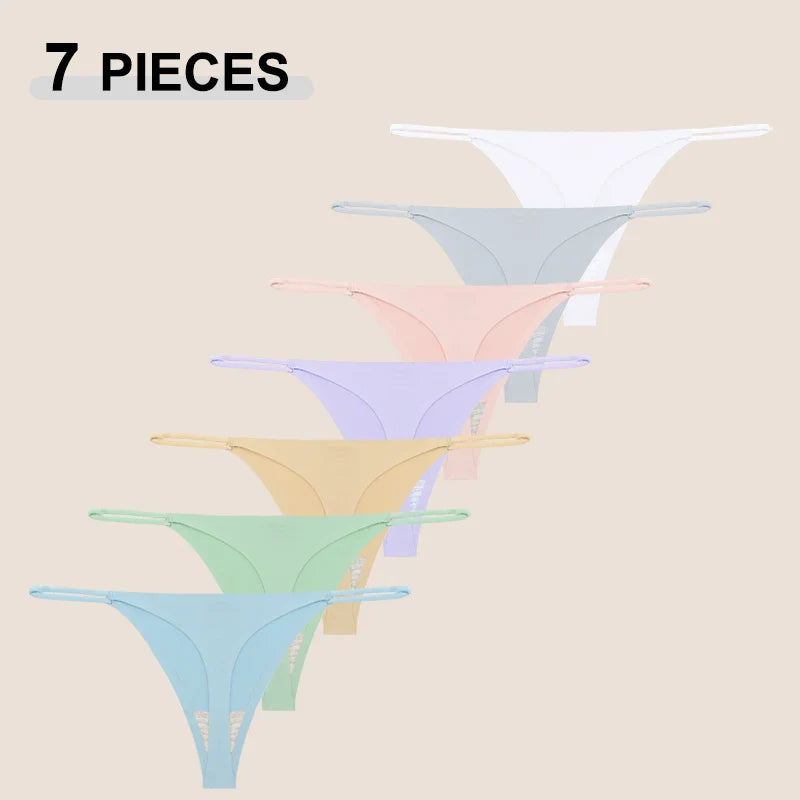 7Pcs/Set Traceless Ice Silk Thongs For Women, Sexy Low Waist Elastic Underwear Ultra-thin Female Cozy Breathable G-strings.