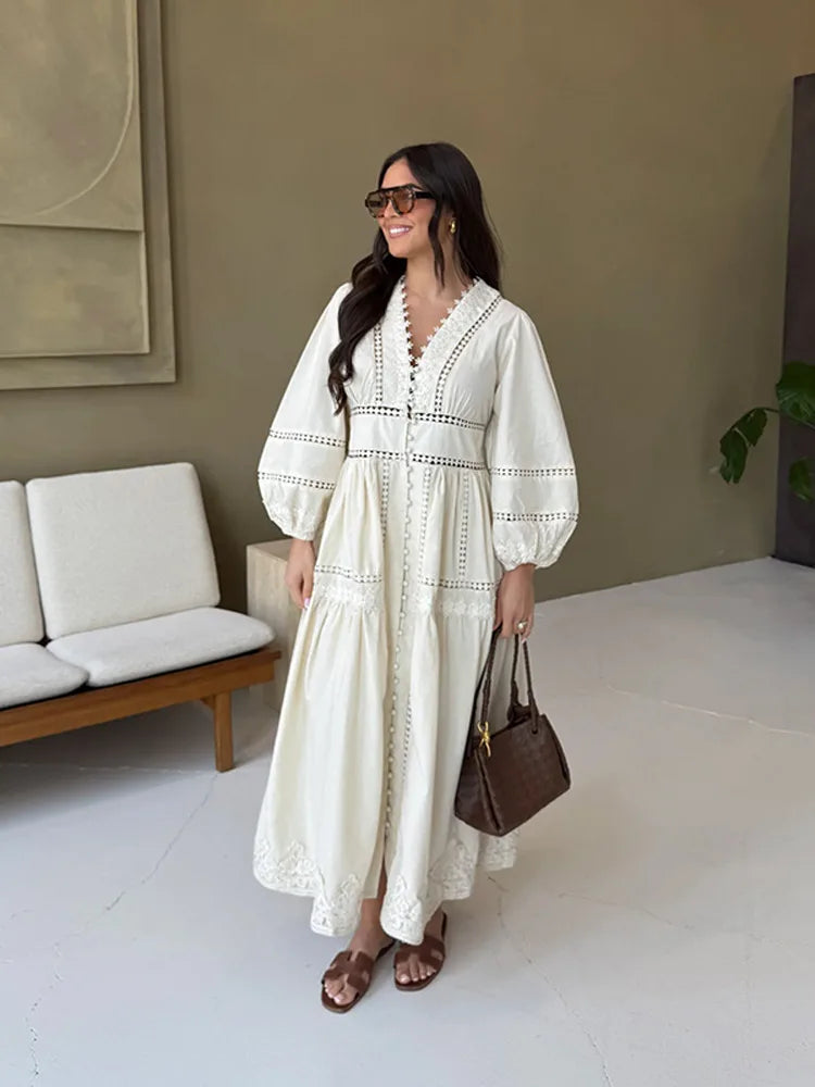 Elegant Lace Hollow Out Women's Long Dress Solid V-neck Patchwork Puff Sleeve Bodycon Dressess Female 2025 Spring New Lady Robes