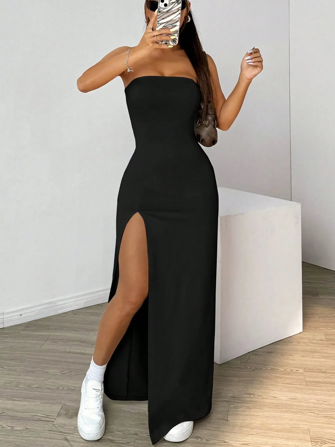 Elegant ladies strapless camisole, simple basic solid color long dress, casual, semi-formal occasions,