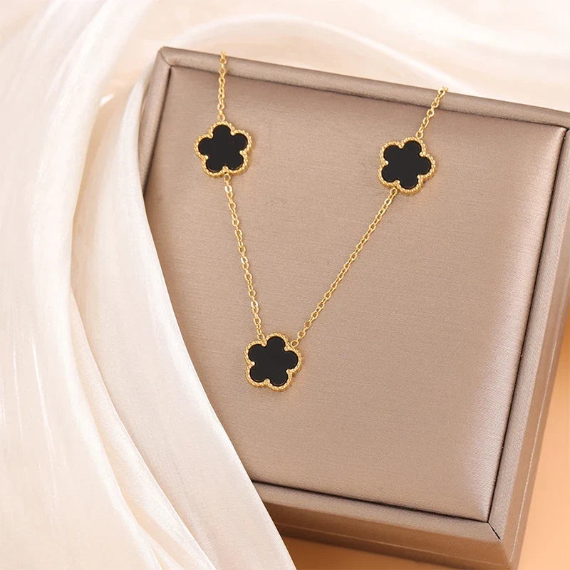 14K Gold Plated Stainless Steel Necklace Woman Five Leaf Petals Double