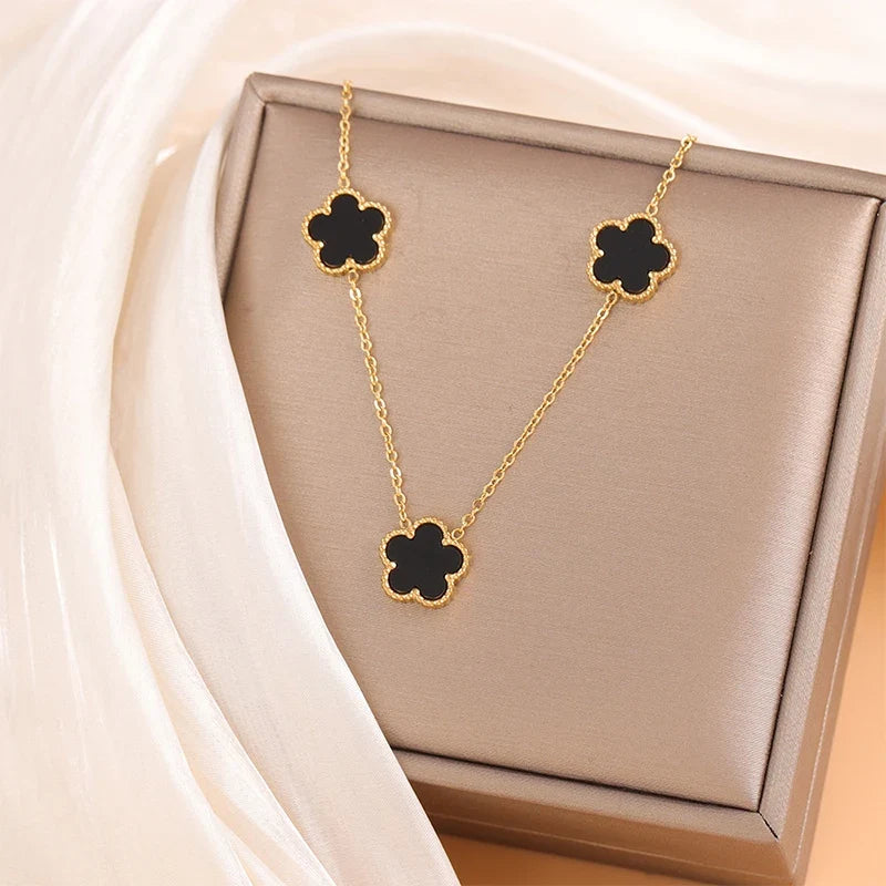 14K Gold Plated Stainless Steel Necklace Woman Five Leaf Petals Double