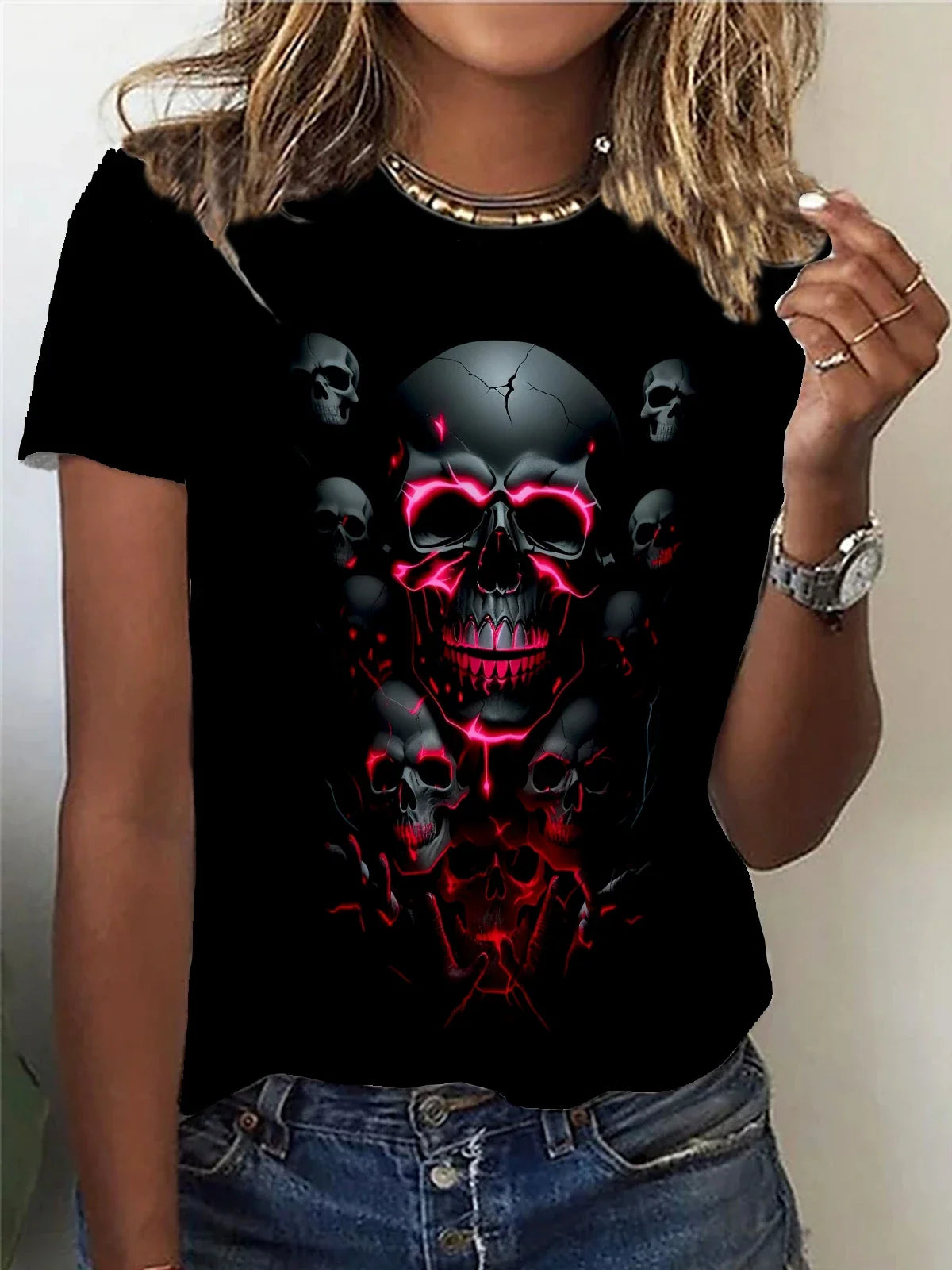 Pink Skull Head Print T-shirt, Casual Crew Neck Short Sleeve Top For Spring & Summer, Women's Clothing