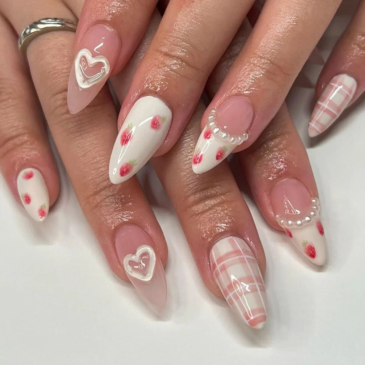 3D Lemon Blue White Striped French Nail Art Summer Chic Short Round False Nails Detachable Finished Fake Nails Press on Nails