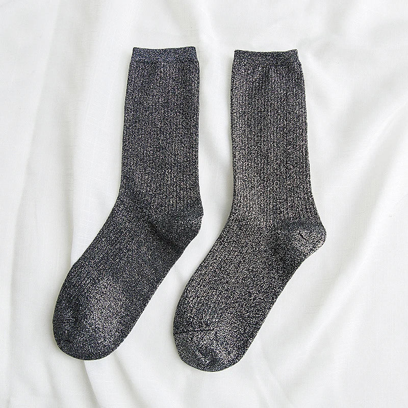Fashion Women's Socks Golden Silver Silk Socks Spring Autumn Harajuku Retro Shiny Filigree Socks Women Breathable Glitter Socks