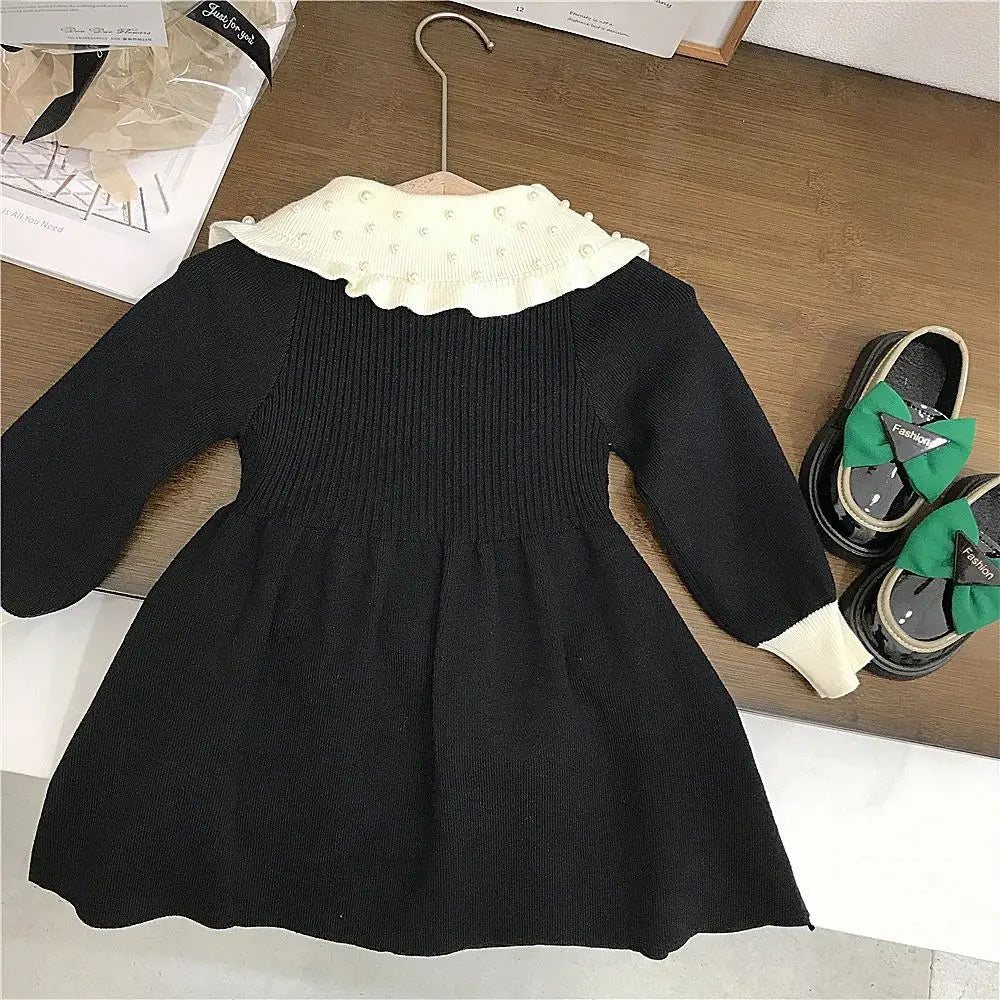 Kids Merry Christmas Pearl Beading Peter Pan Collar Long Knitted Sleeve Outfit