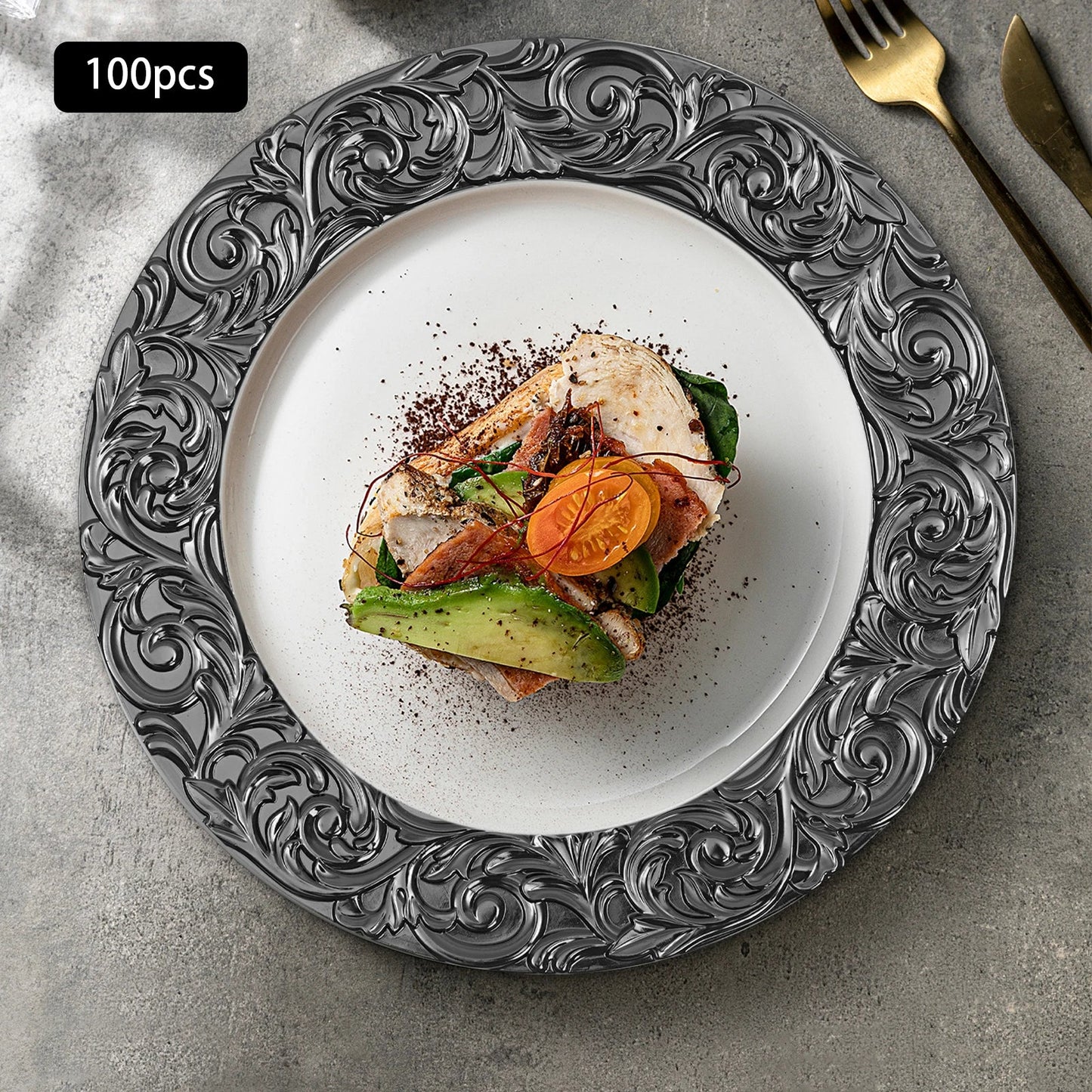 Plates 100-Piece Set Round Reusable Serving Plates, Gold, Black, Silver, Green