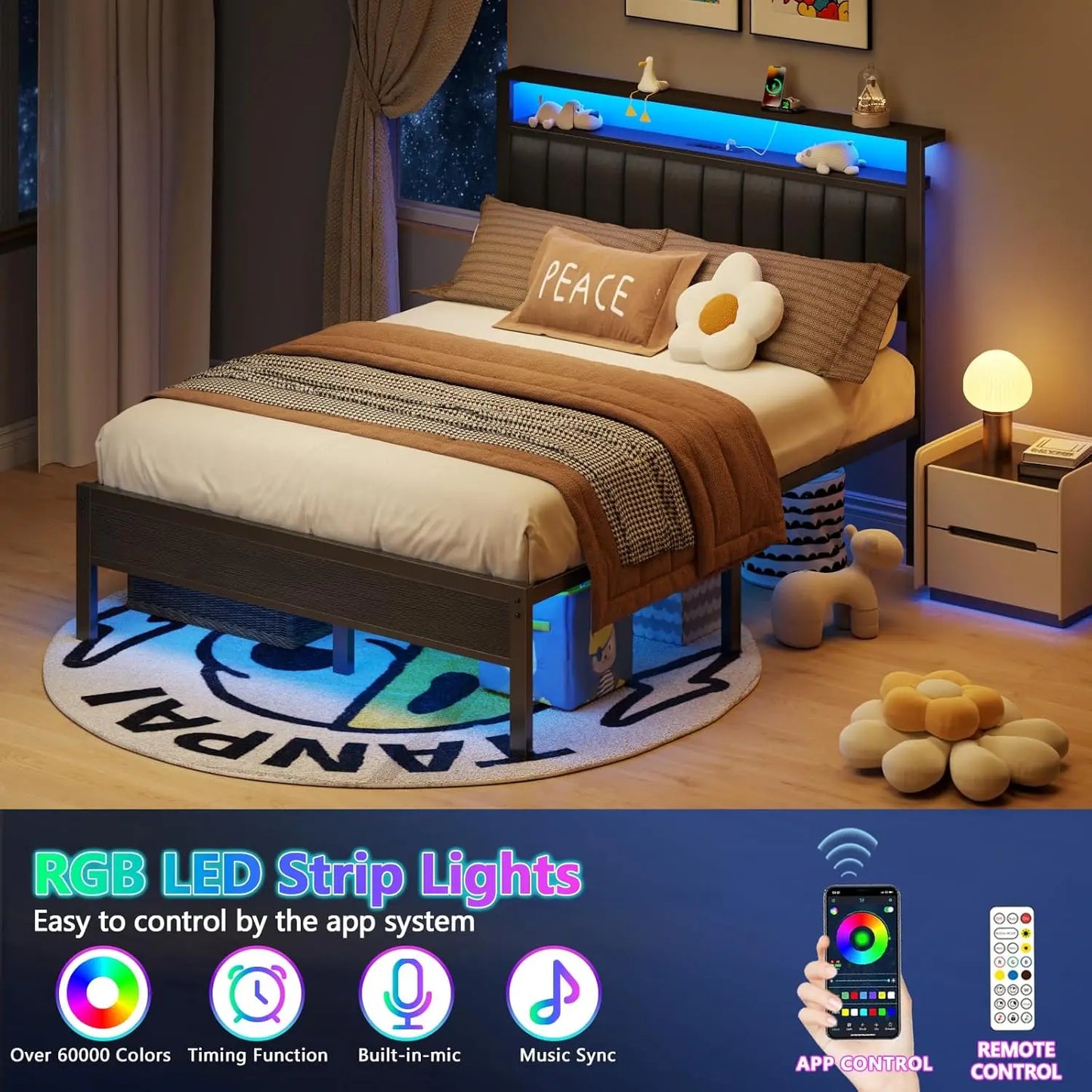 Queen Size Bed Frame with Charging Station and LED Lights, with Metal Slats, Grey Upholstered Headboard.