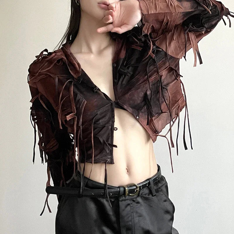 Goth Dark Fairy Grunge Y2k Tassel Hooded Cardigans Vintage Gothic Long Sleeve Women Blouses Streetwear Single-breasted Crop Tops