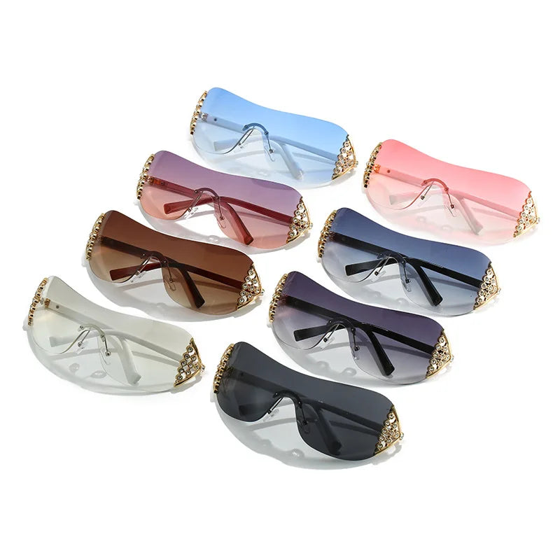 Luxury One-Piece Rimless Sunglasses Oversized Diamond Brand Designer Sun Glasses for Women Steampunk Eyewear UV400 Oculos De Sol