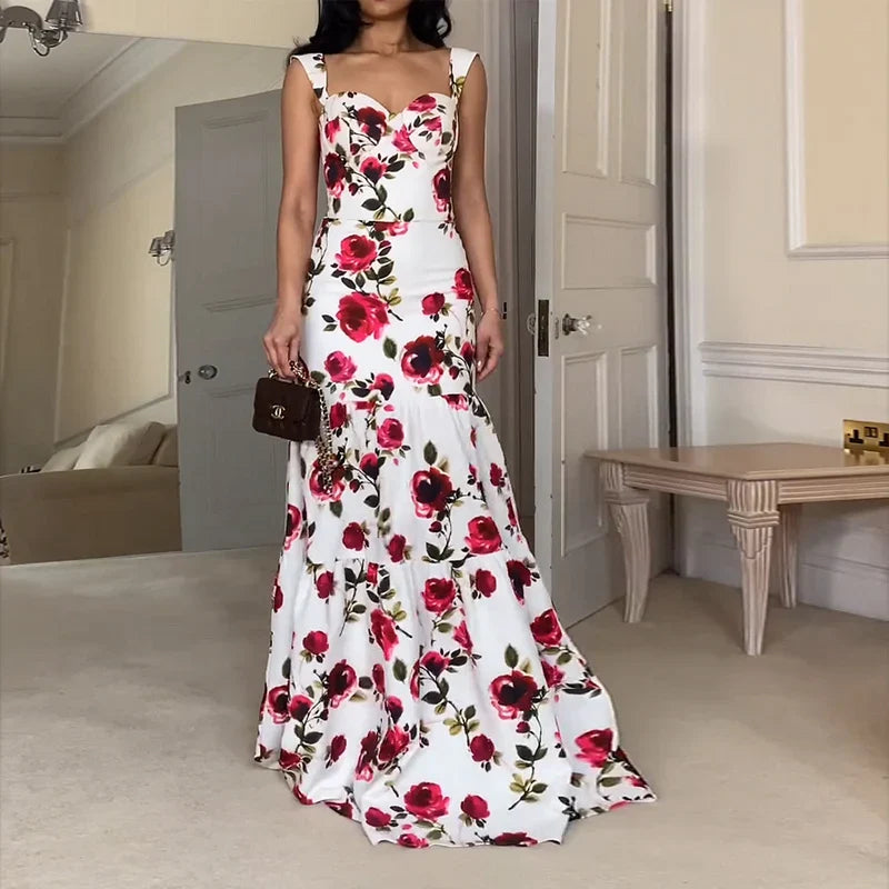 Ellafads Maxi Dress Women Summer Elegant Fashion Floral Print Suspender Sleeveless Slim Backless Evening Beach Maxi Dresses