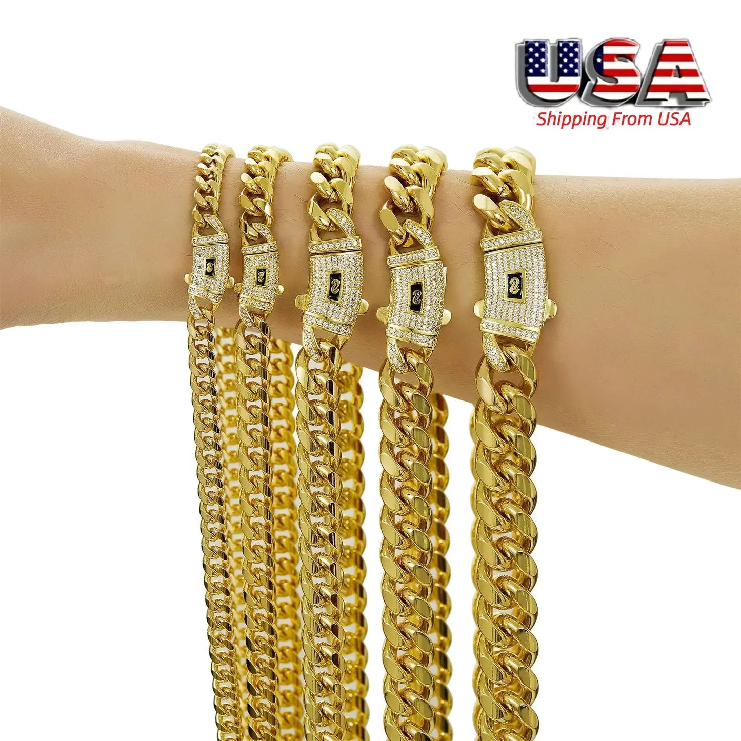 6-14mm Bling Gold Color Stainless Steel Cuban Miami Chains Necklaces