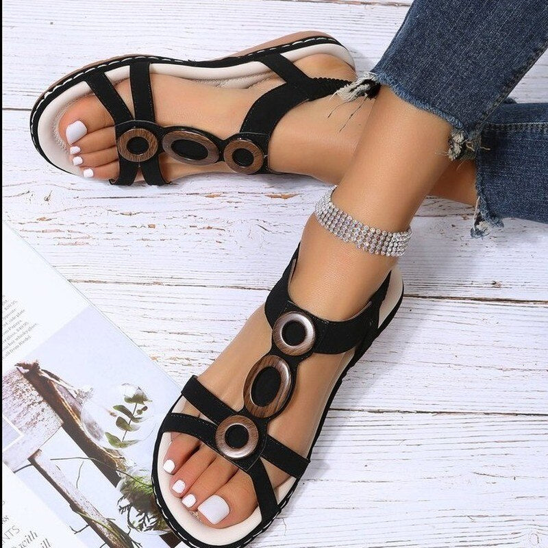 New Summer Women's Gladiator Sandals Cross-Tie Buckle Open Toe Outdoor Beach Shoes Fashion Round Toe Flat Simple Roman Sandals