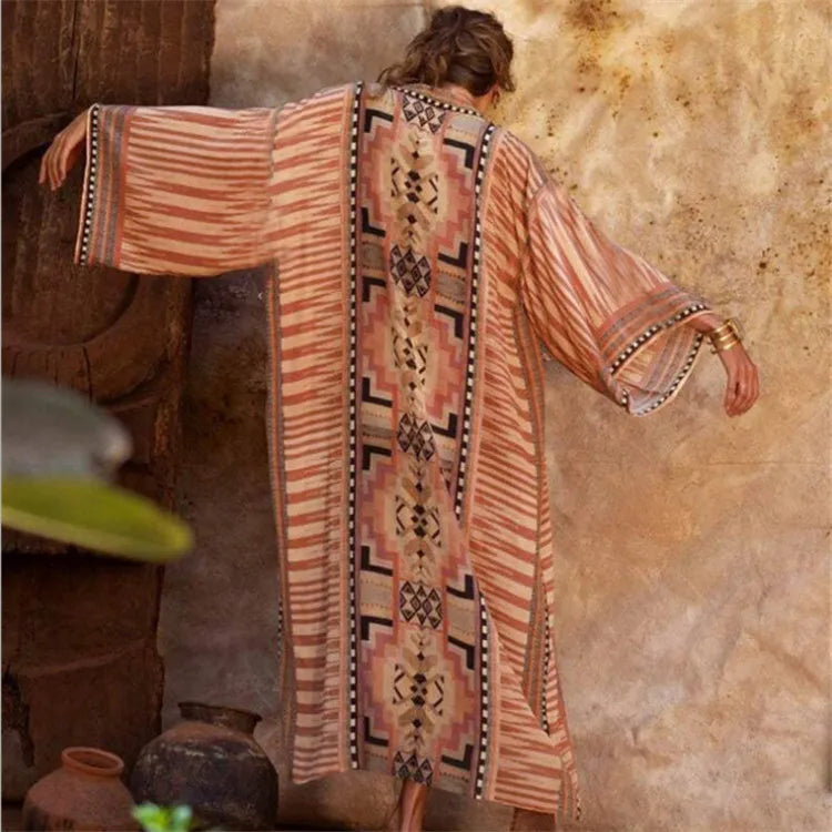 WeHello New Women's Summer Senior Beach Artificial Cotton Printing Robe Loose and Comfortable Holiday Cover Up