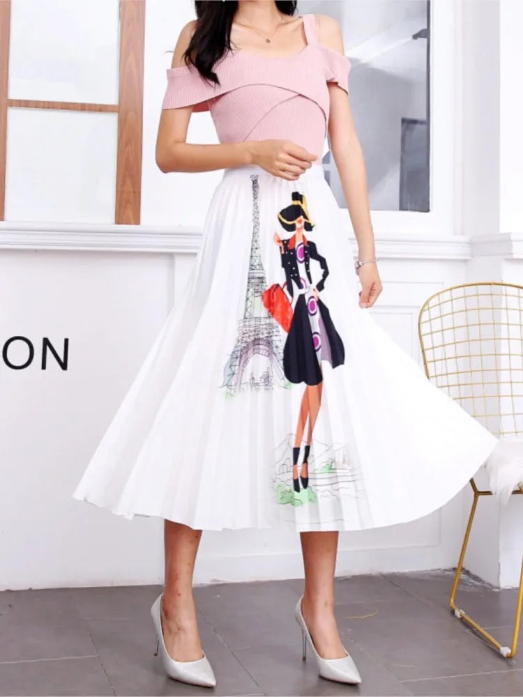 2023 Summer Women Cartoon Print Pleated Skirts A Line High Waisted Elastic Midi Long Skirt Ladies Party Korean Style Dresses