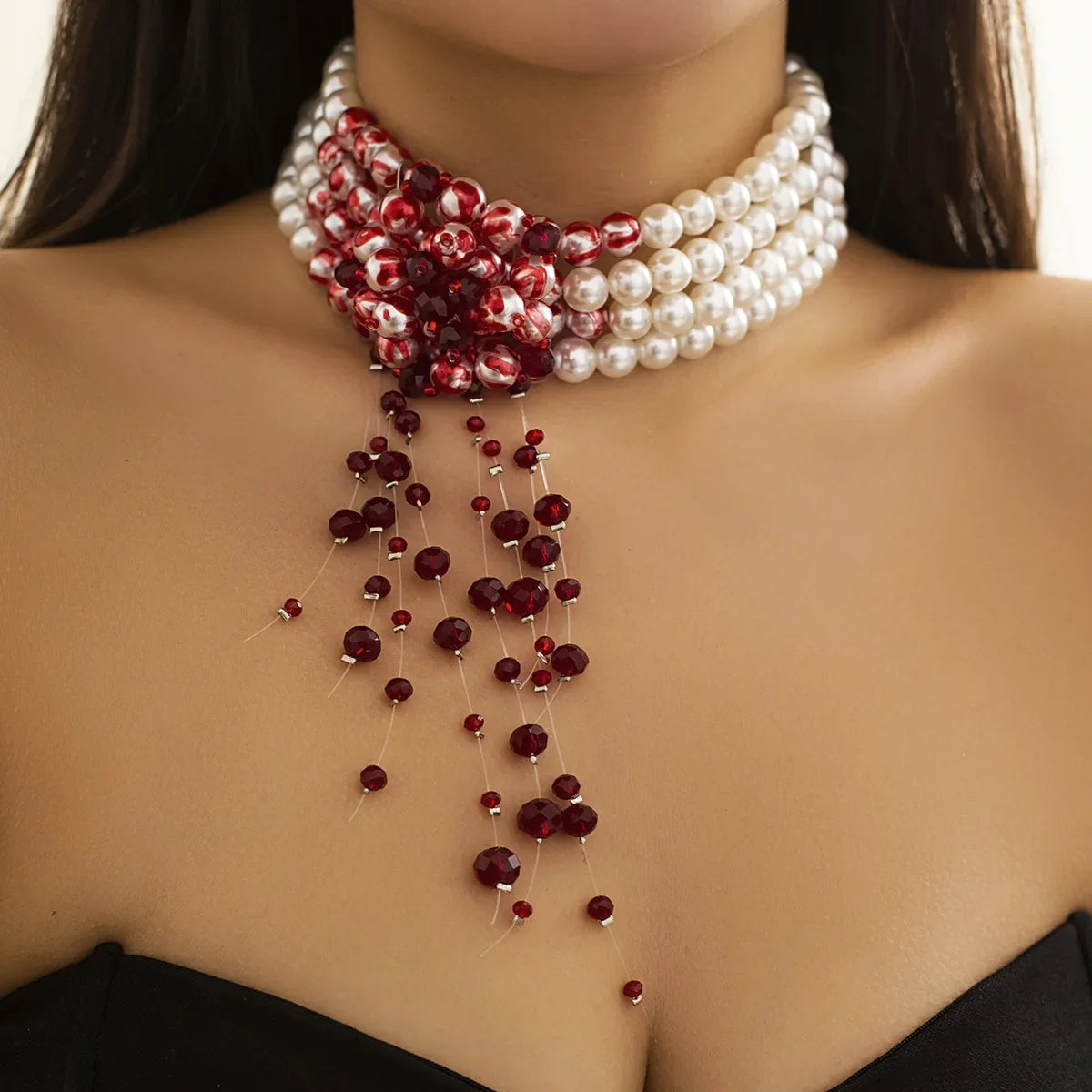 Goth Vintage Red Blood Pattern Imitation Pearl Chain Necklace for Women Wed Bridal Long Tassel Beads Pendant Halloween Jewelry