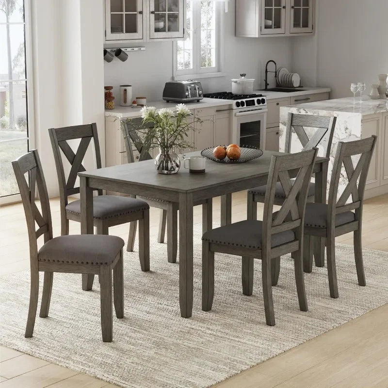 Rustic 7-Piece Dining Set, Gray Rectangular Table, with 6 Upholstered X-Back Chairs, Farmhouse Design.
