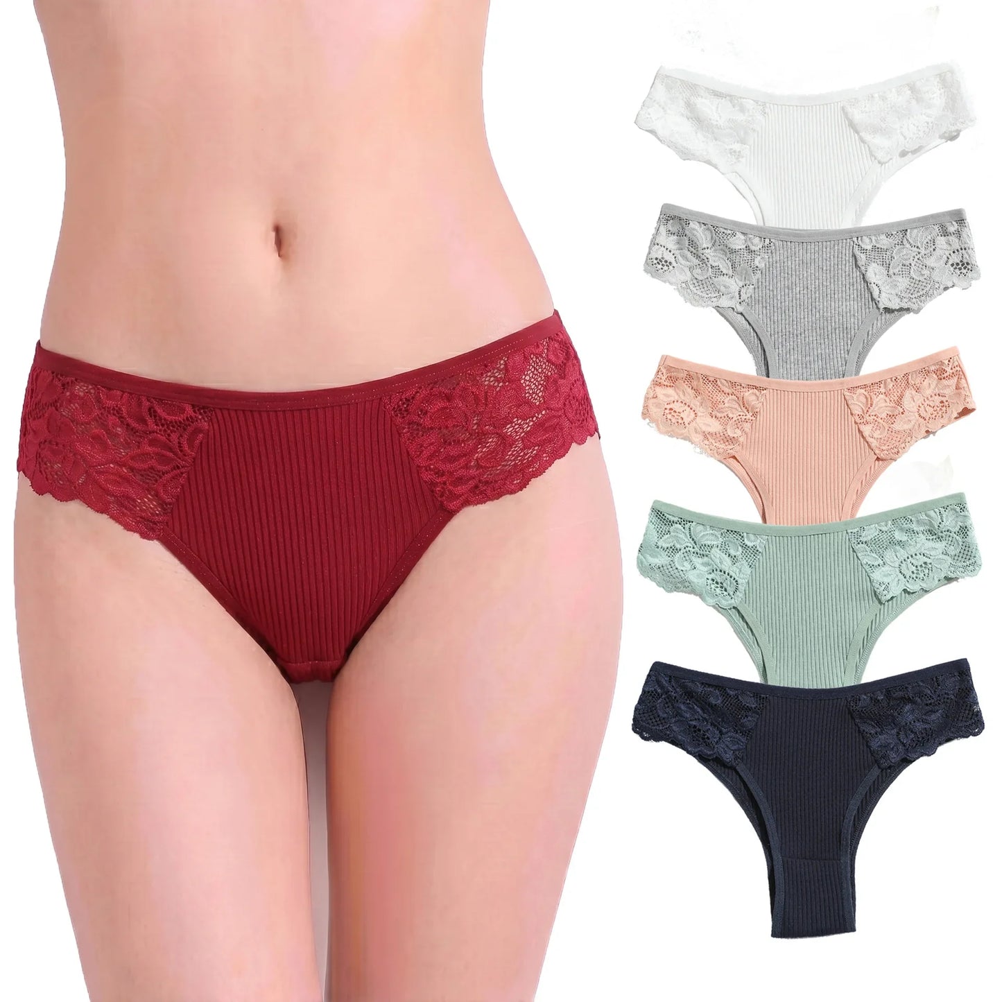5Pcs/Set Women Cotton Panties Floral Lace Side Panel Low Rise Rib Briefs Low Cut Underwear Comfort Sexy Lingerie Daily Bikini