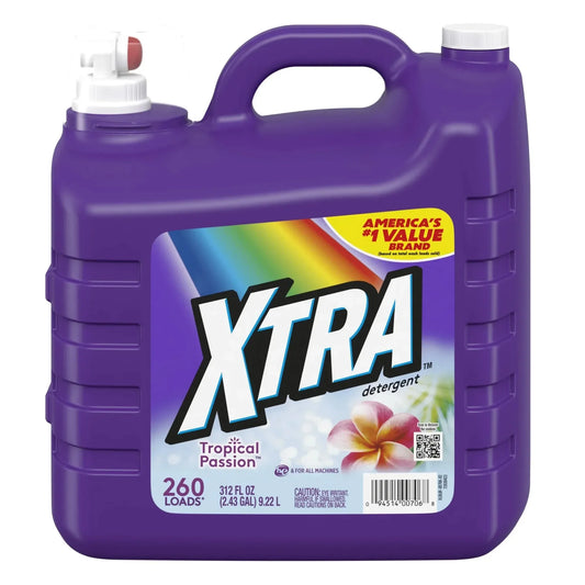 260 Load Laundry Detergent 312oz Tropical Scent, Giant Size for Large Families, HE Compatible with Passion Fruit Fragrance.