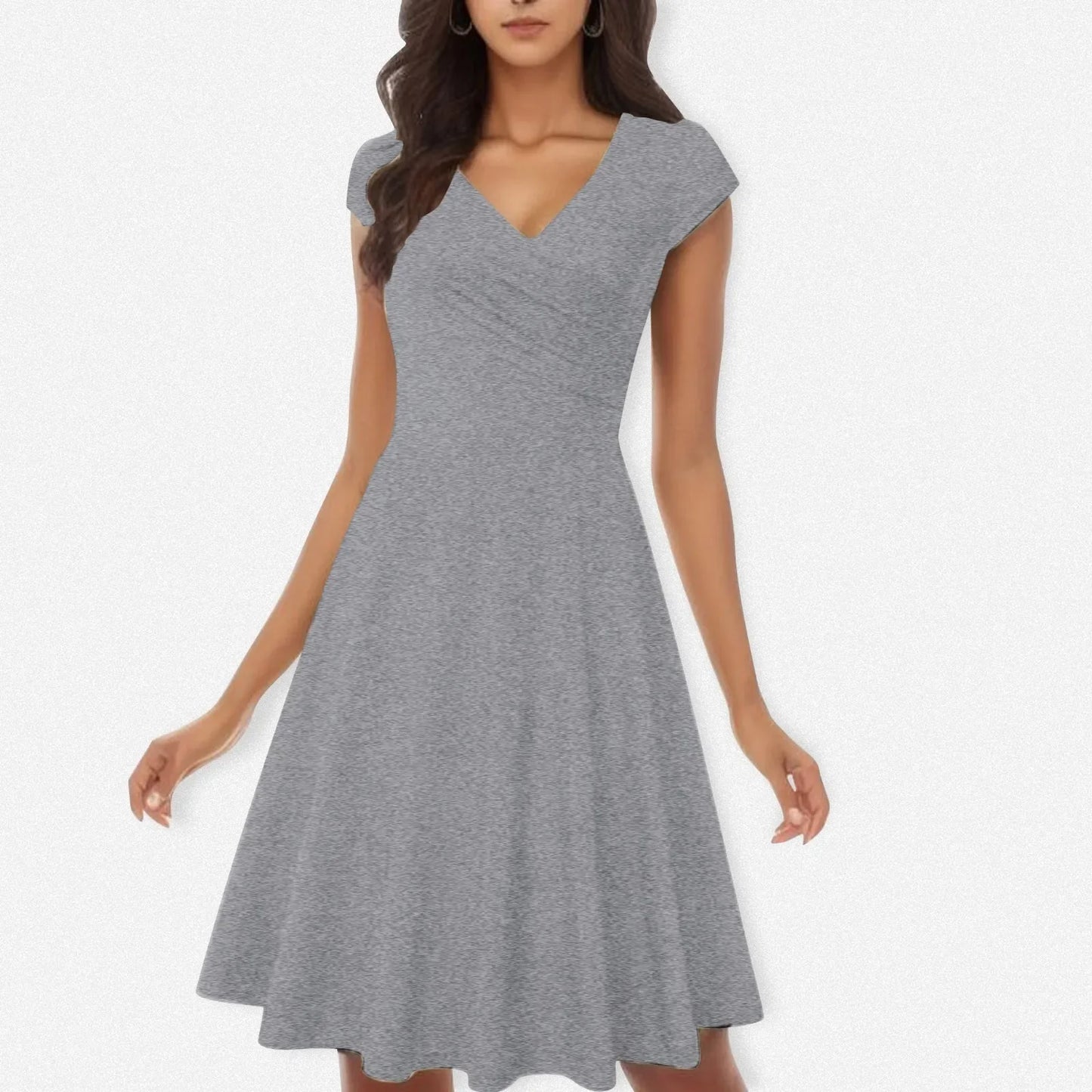 Female Solid Dress Knee-Length Short Sleeve Summer Empire Pleated Dresses A-line V-neck Simple Laides Casual Club Party Dress