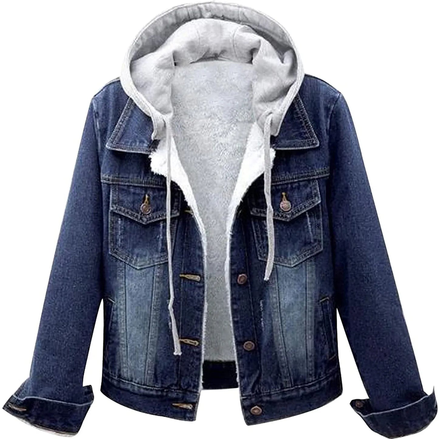 Winter Jacket Women’s Hooded Faux Denim Coats Long Sleeves Detachable Hat Thick Plush Lined Warm Jean Coats Stylish Ladies Coats