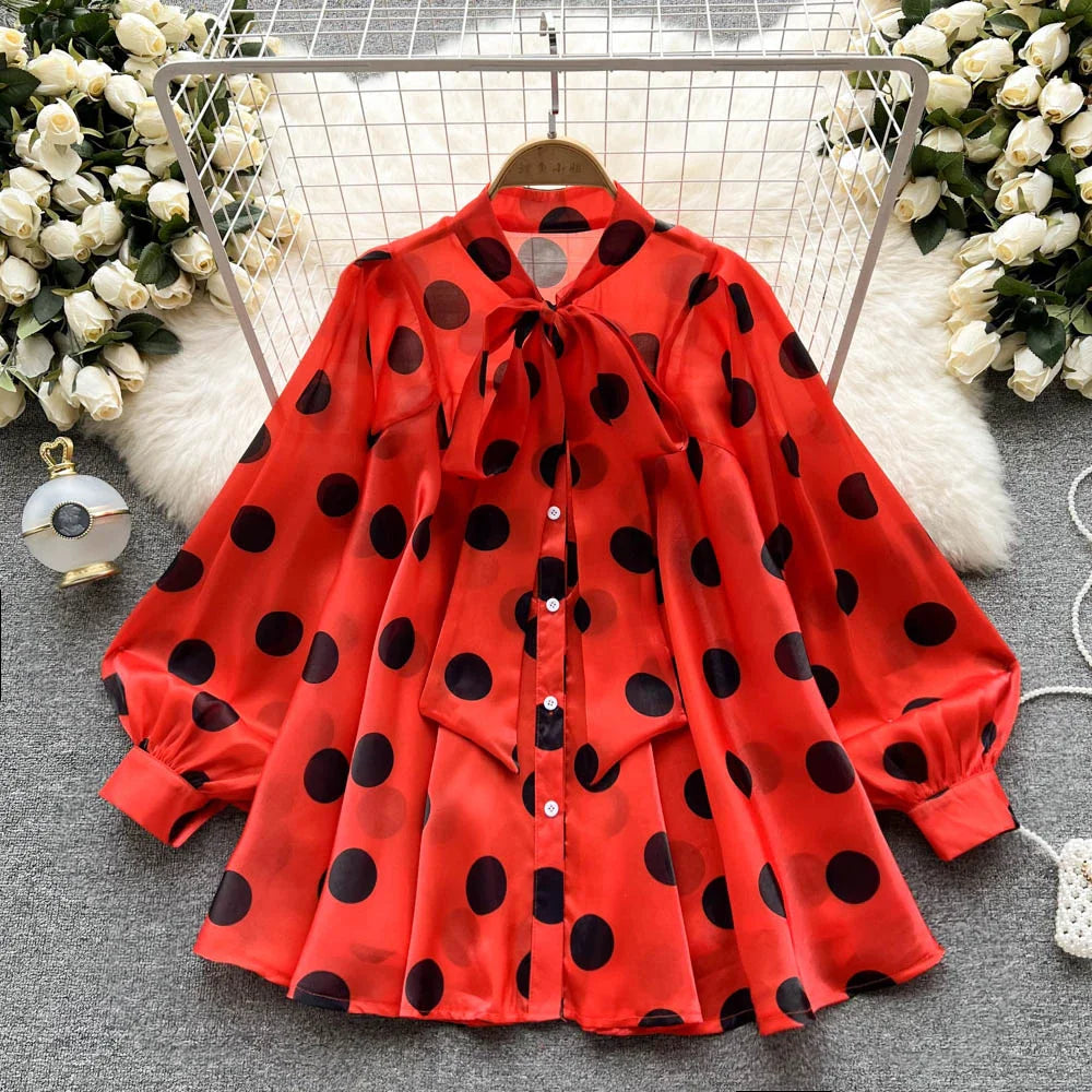 2023 Women's Spring Summer New All-match Chiffon Shirt Bow Tie Long-sleeved Polka Dot Western-style Top Blouse D999